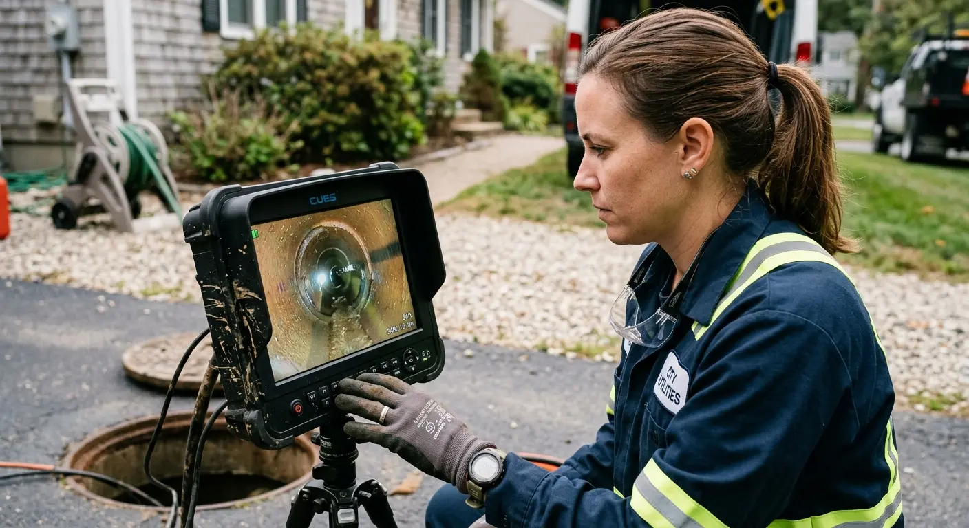 Technician reviewing sewer camera inspection footage in Selma